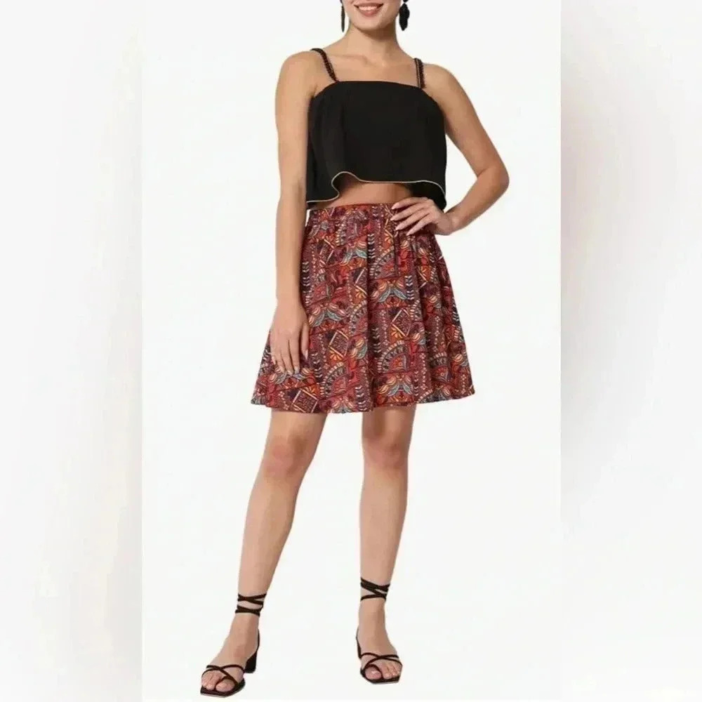 🆕 Francesca’s Alya Multi Color Geometric Print Pleated Skater Skir M🆕